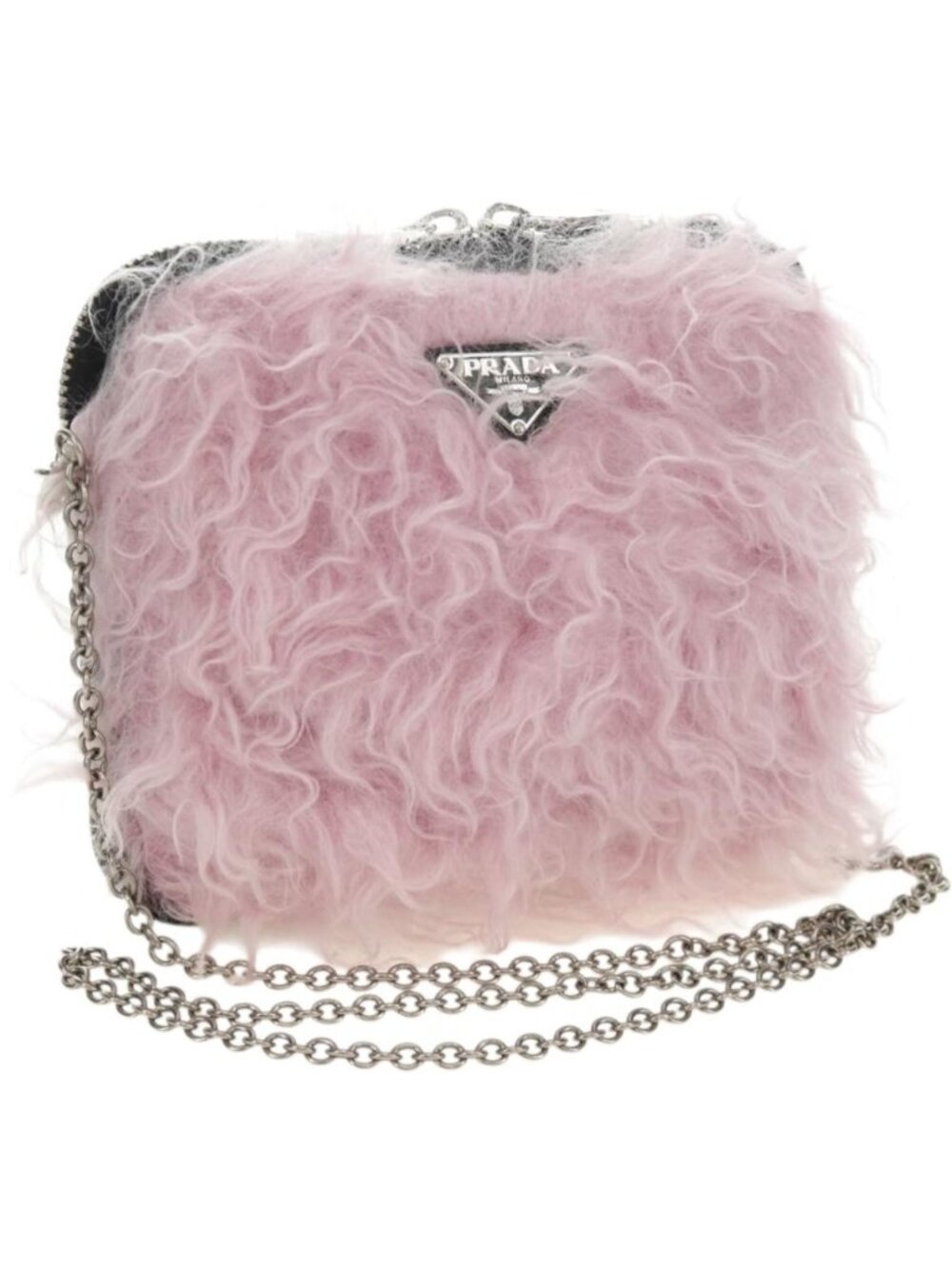 PRADA Chain Shoulder Bag Fur Pink Silver